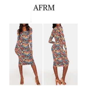 AFRM Bohemian Women’s Multicolor Floral Mesh Midi Body-con Cut Out Dress S